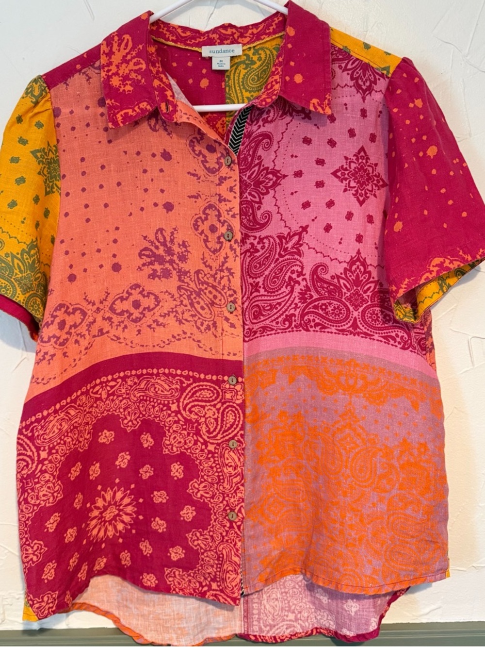 Sundance Patchwork Shirt 100% Linen Bandana Print Size Medium